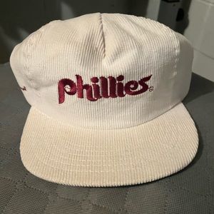 Vintage 80s Philadelphia Phillies Script Corduroy Snapback Hat White Cap Retro